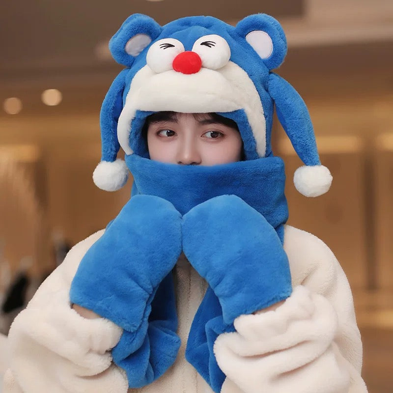 Cute Moving Ears Plush Hat Scarf Gloves 3-in-1 | Warm & Cozy for Kids and Adults