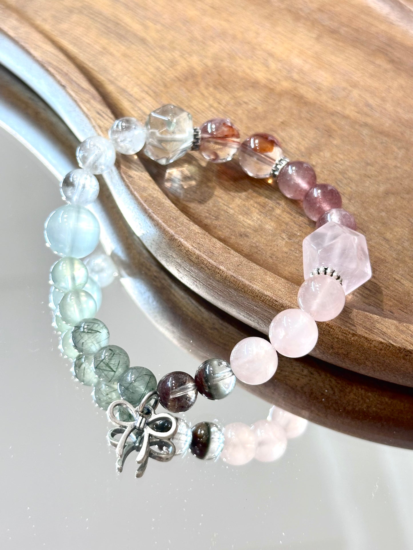 Colorful Aura Bracelet—Green Rutilated Quartz, Prehnite, Green Azeztulite, Green Phantom Crystal, Mint - green Aquamarine, Strawberry Quartz