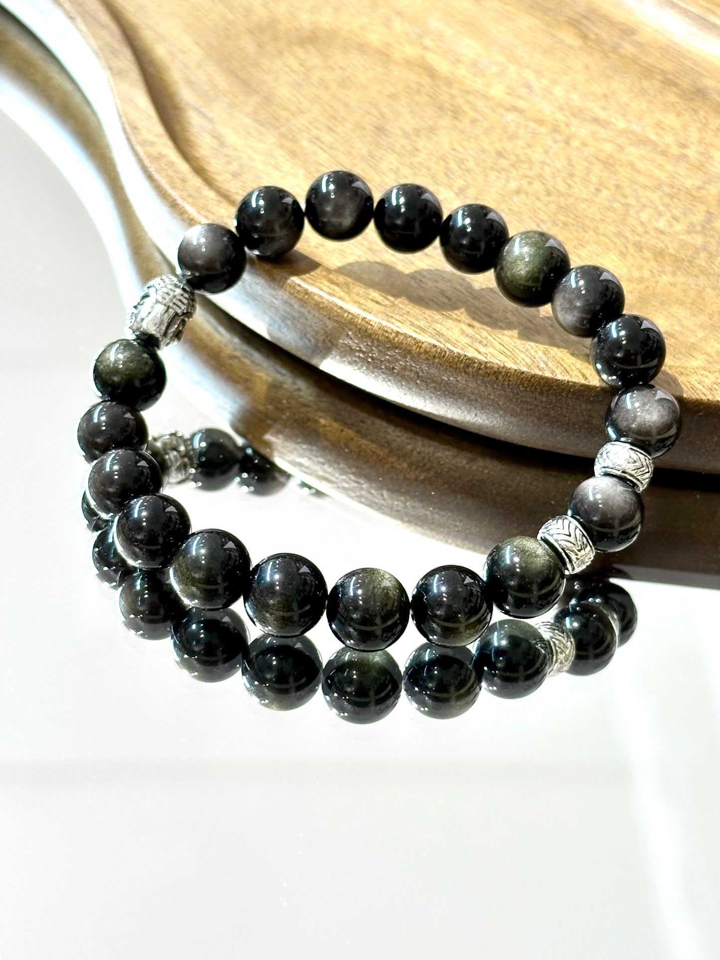 Black Obsidian Bracelet 9.8mm – Gold & Silver Sheen | Healing, Protection Gift
