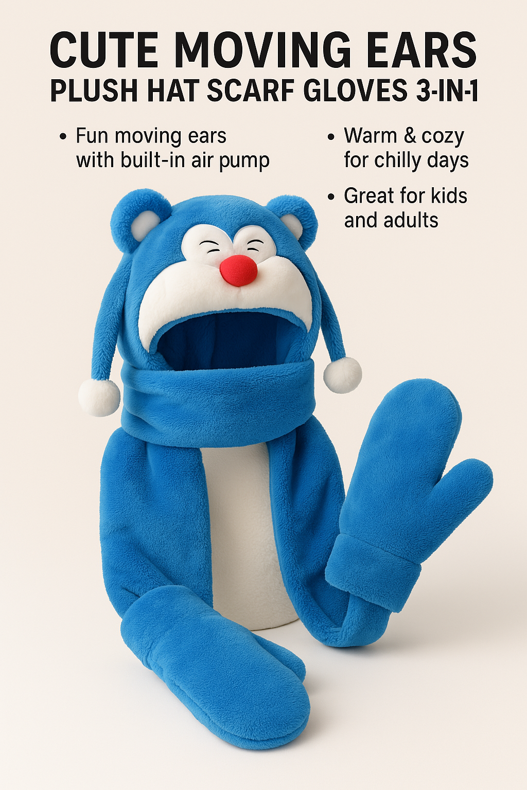 Cute Moving Ears Plush Hat Scarf Gloves 3-in-1 | Warm & Cozy for Kids and Adults