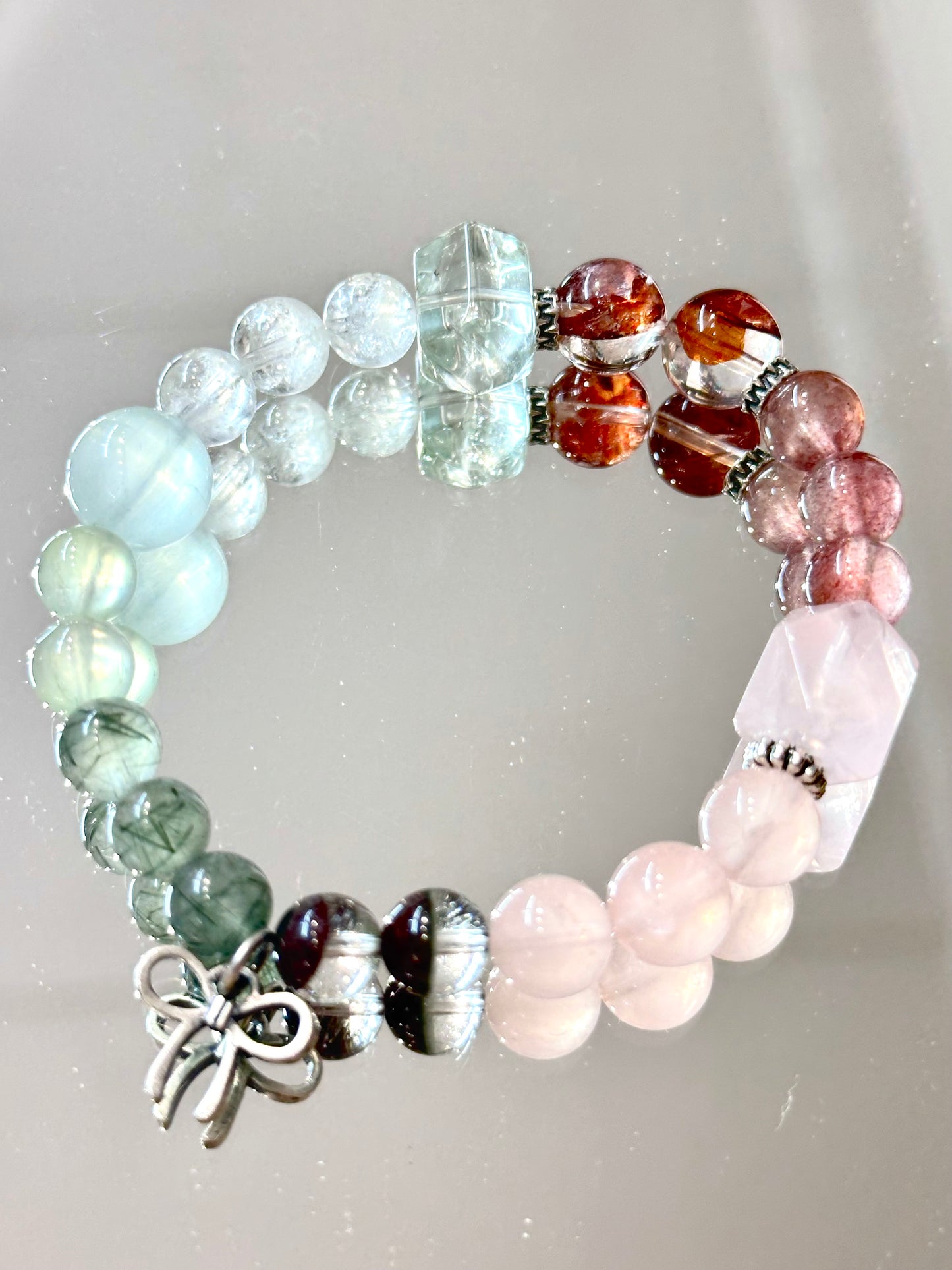 Colorful Aura Bracelet—Green Rutilated Quartz, Prehnite, Green Azeztulite, Green Phantom Crystal, Mint - green Aquamarine, Strawberry Quartz