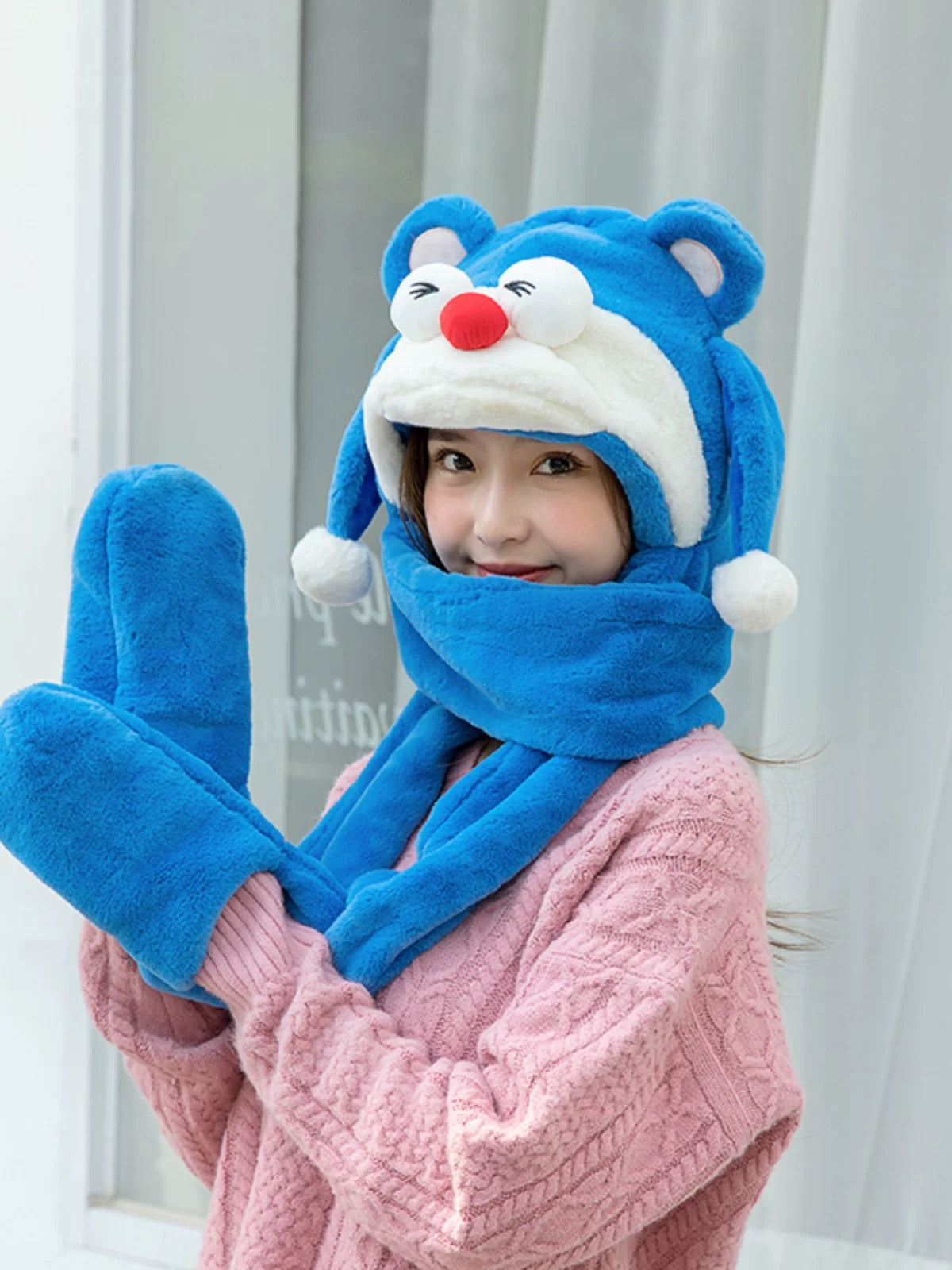 Cute Moving Ears Plush Hat Scarf Gloves 3-in-1 | Warm & Cozy for Kids and Adults