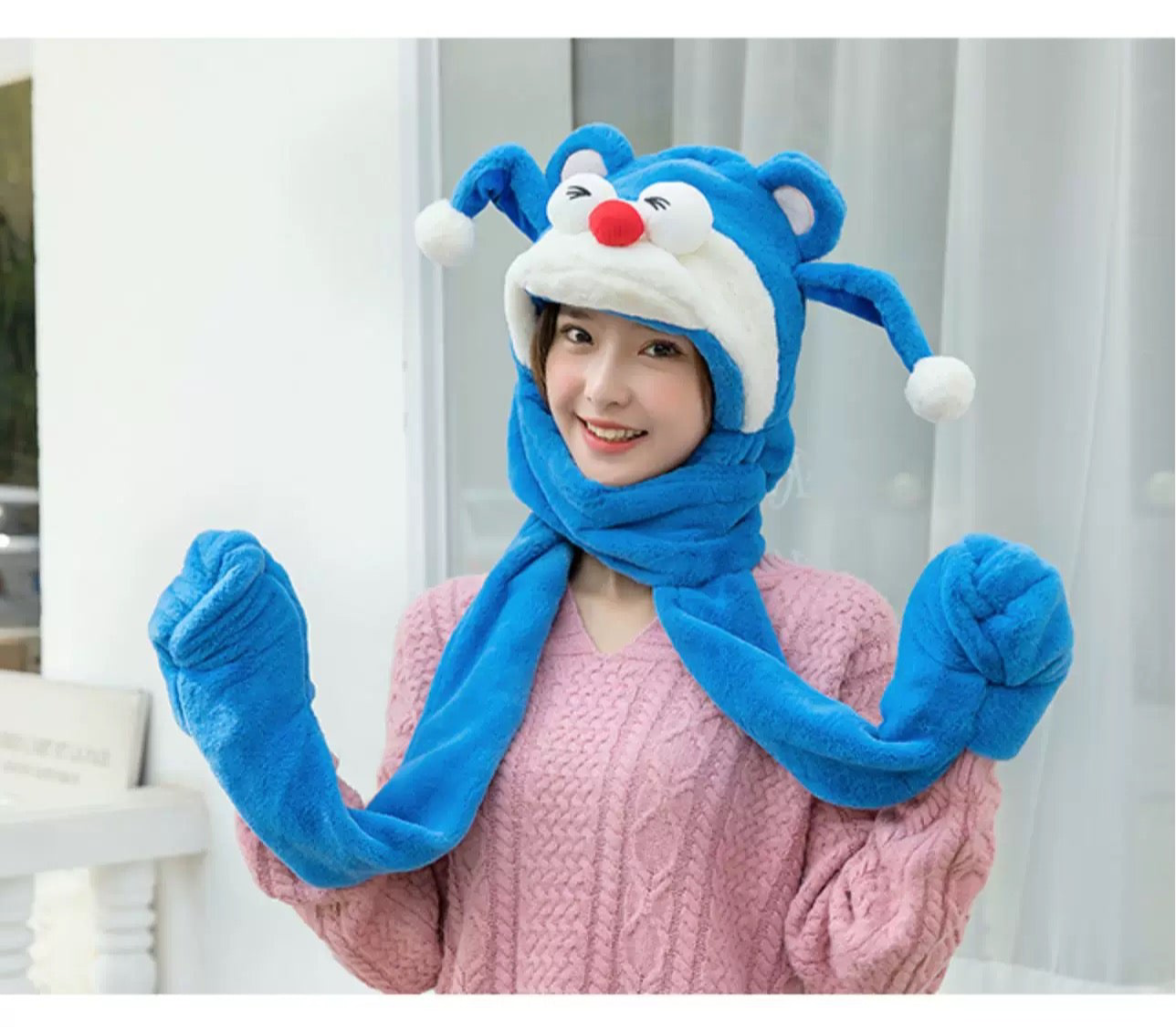 Cute Moving Ears Plush Hat Scarf Gloves 3-in-1 | Warm & Cozy for Kids and Adults