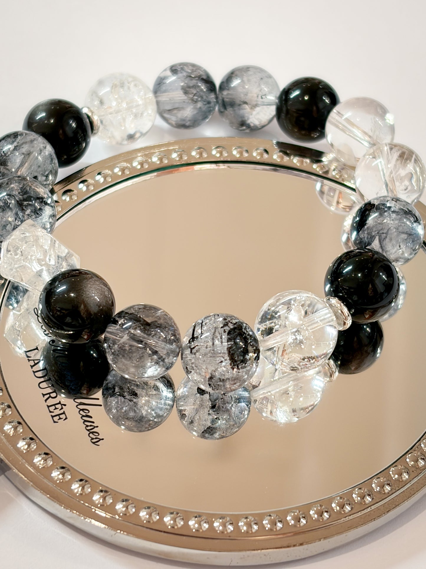 Monochrome Crystal Bracelet, Silver Obsidian, Clear Quartz, Herkimer Diamond, Zen Style