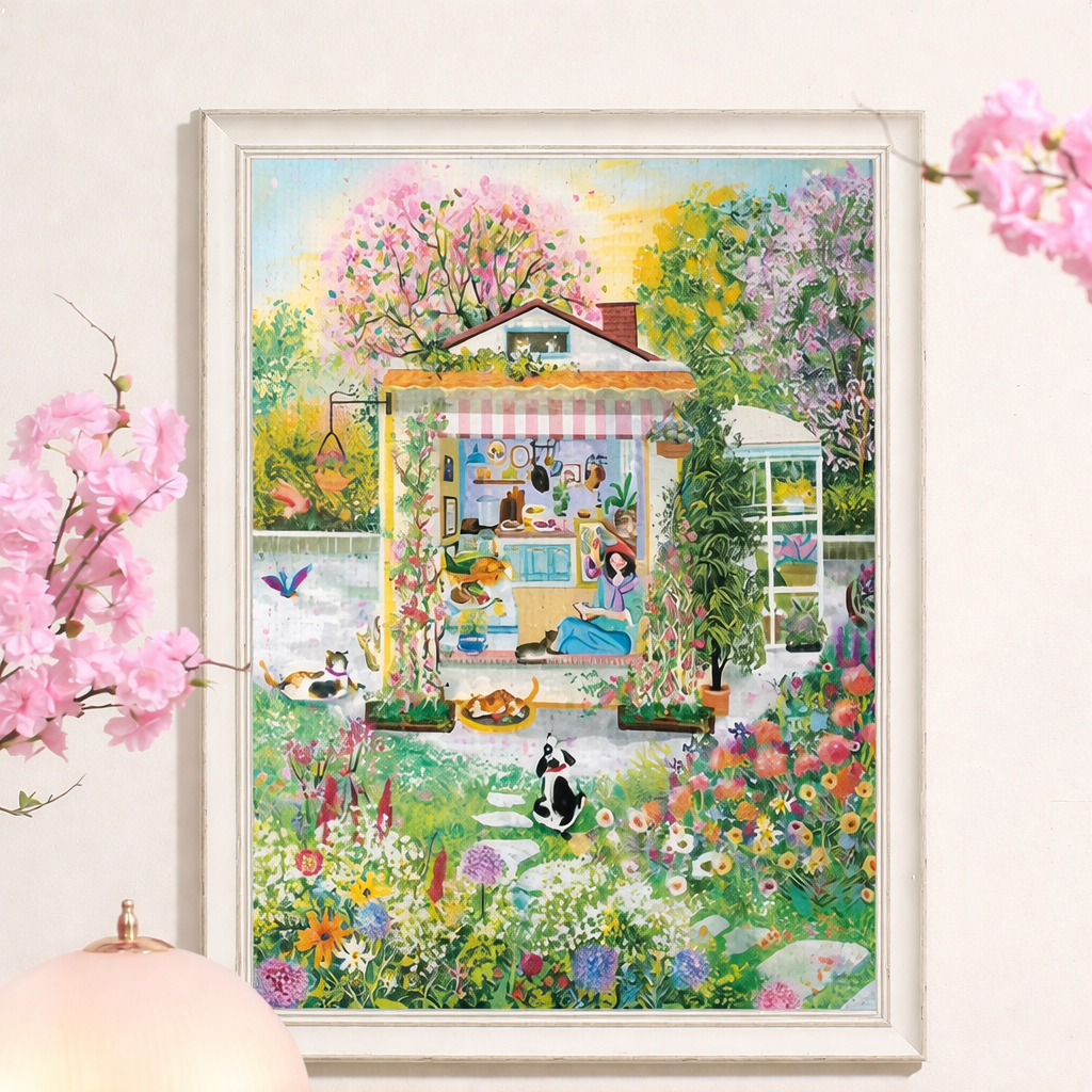 “Cats Floral Playhouse” 1000 Piece Jigsaw Puzzle for Adults – Dreamy Botanical Garden & Cat Cottage Scene | Healing Illustration Art | Gift for Cat Lovers