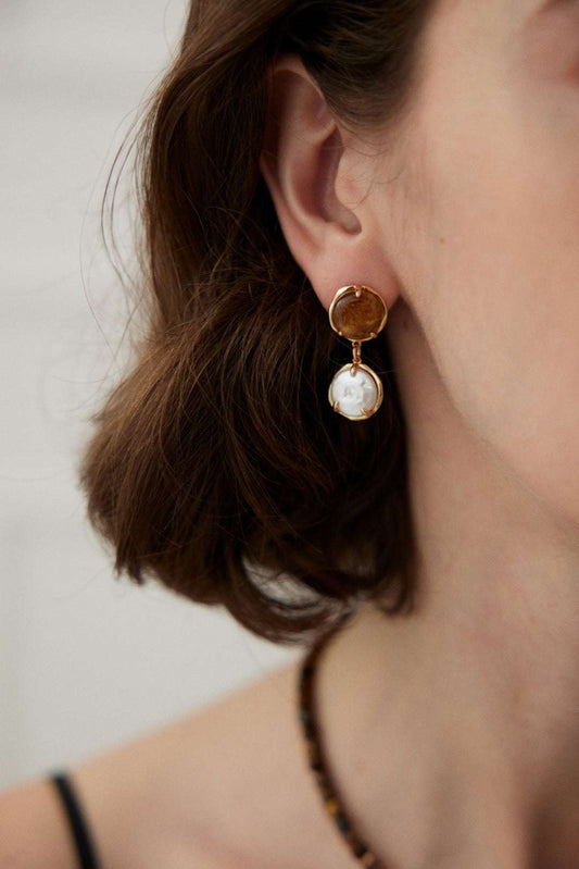 Coffee & Cream Pearl Drop Earrings – 925 Sterling Silver, Retro Gold - TAMO Jewellery