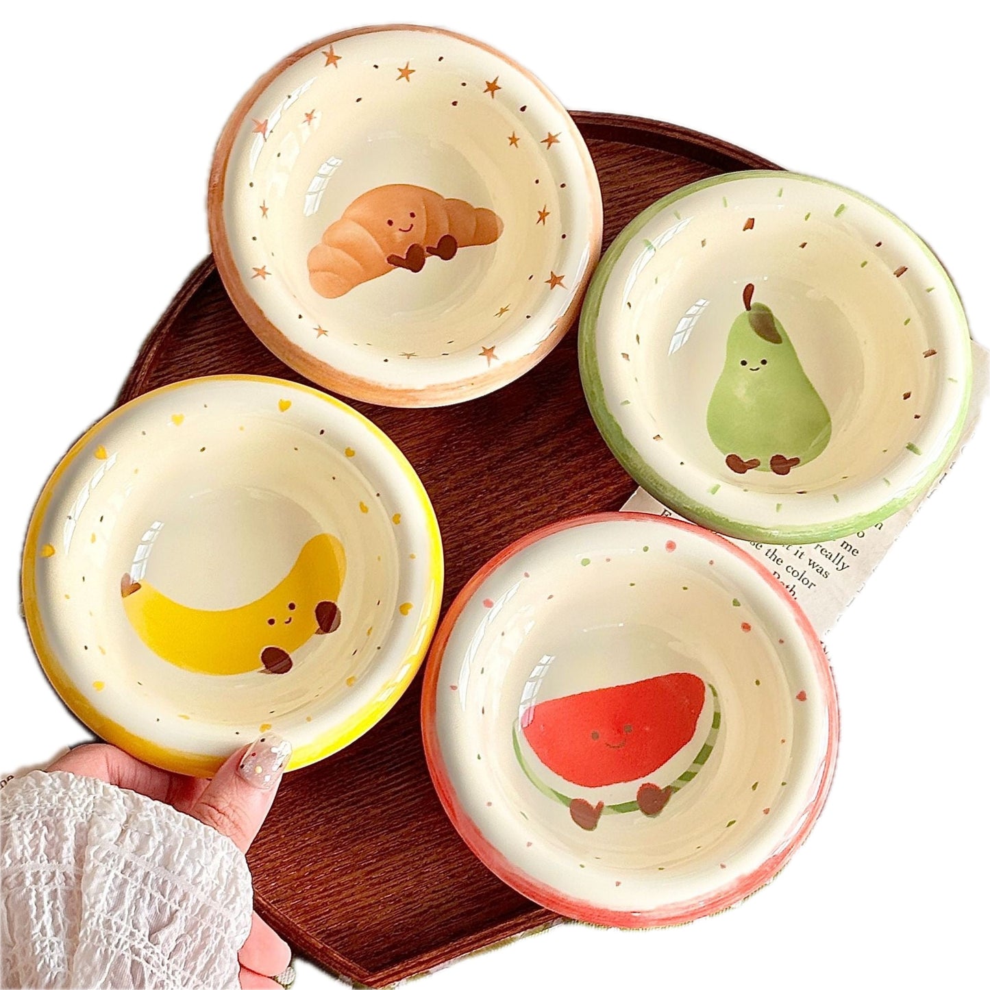Set of 4 Kawaii Ceramic Dipping Dish | Cute Fruit Character Sauce Bowls | Underglaze Tableware — view 5 | handmade ceramic |…