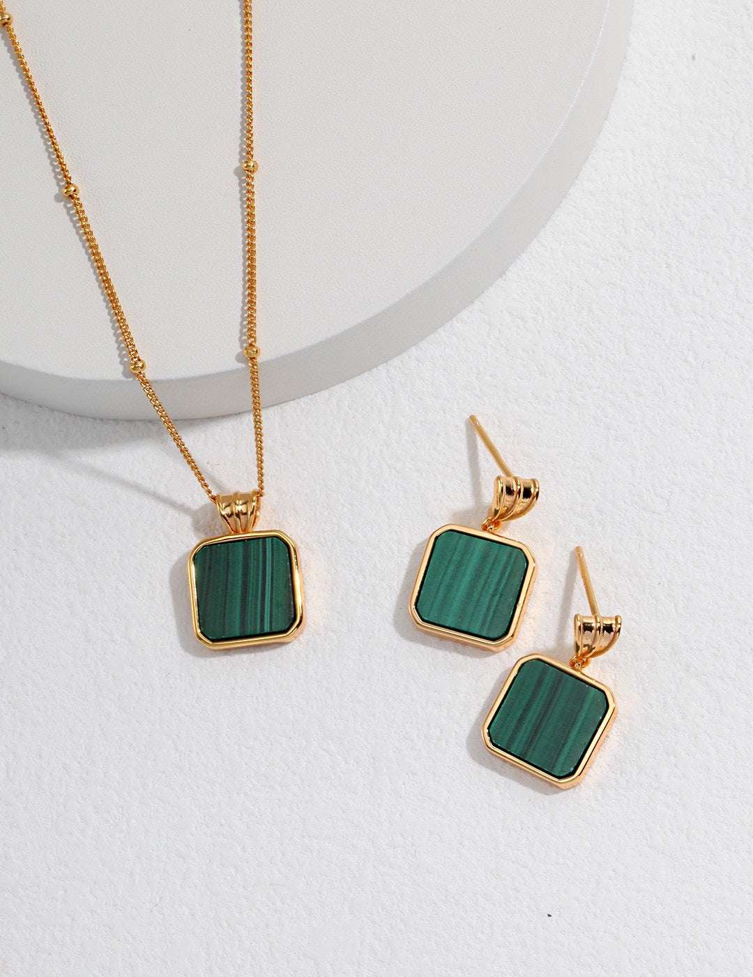 Malachite Jewellery Set – Necklace & Earrings, 925 Sterling Silver, 18K Retro Gold