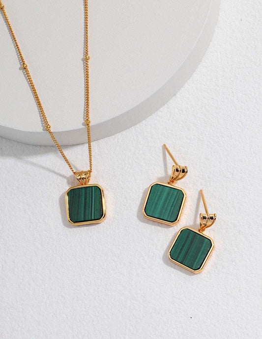 Malachite Jewellery Set – Necklace & Earrings, 925 Sterling Silver, 18K Retro Gold