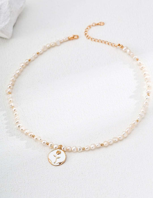 Rose Reverie Collection｜S925 Silver Rose Enamel Pendant Necklace with Natural Pearl - TAMO Jewellery