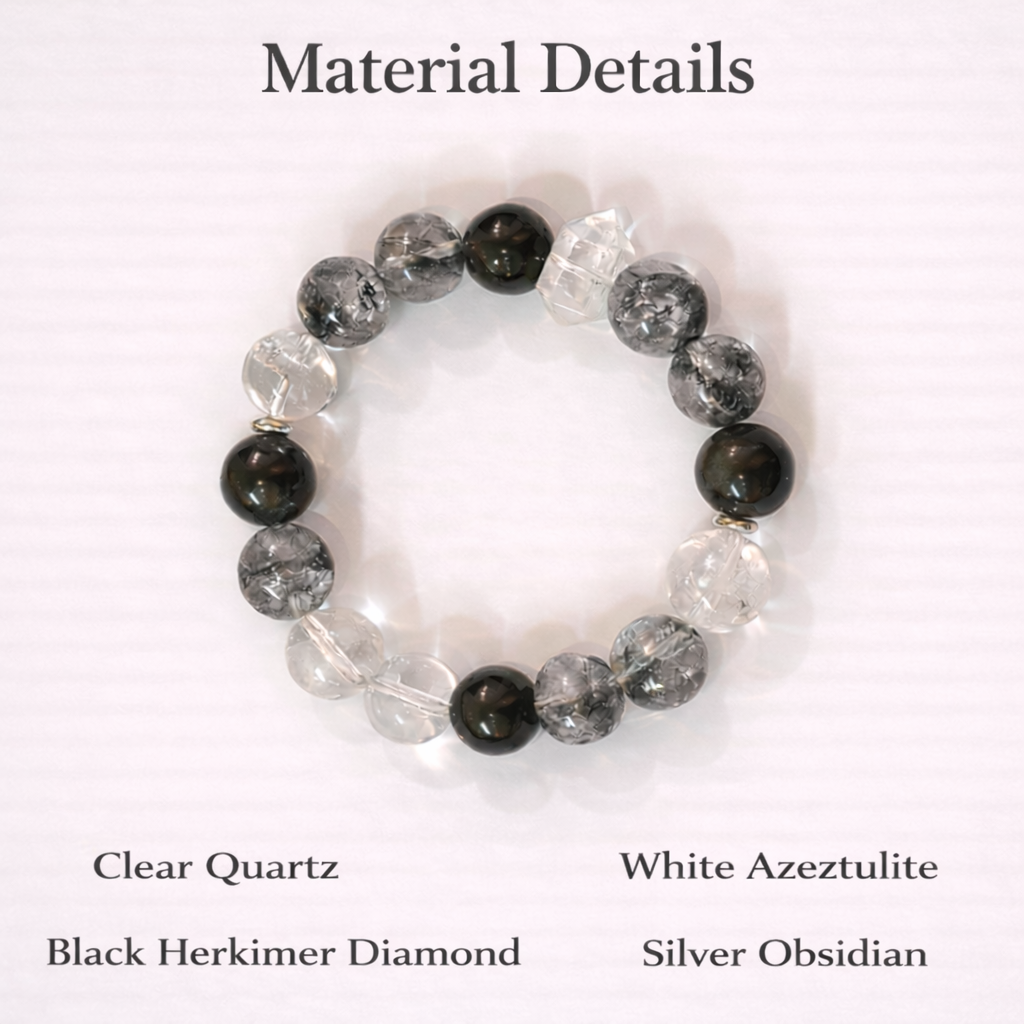 Monochrome Crystal Bracelet, Silver Obsidian, Clear Quartz, Herkimer Diamond, Zen Style