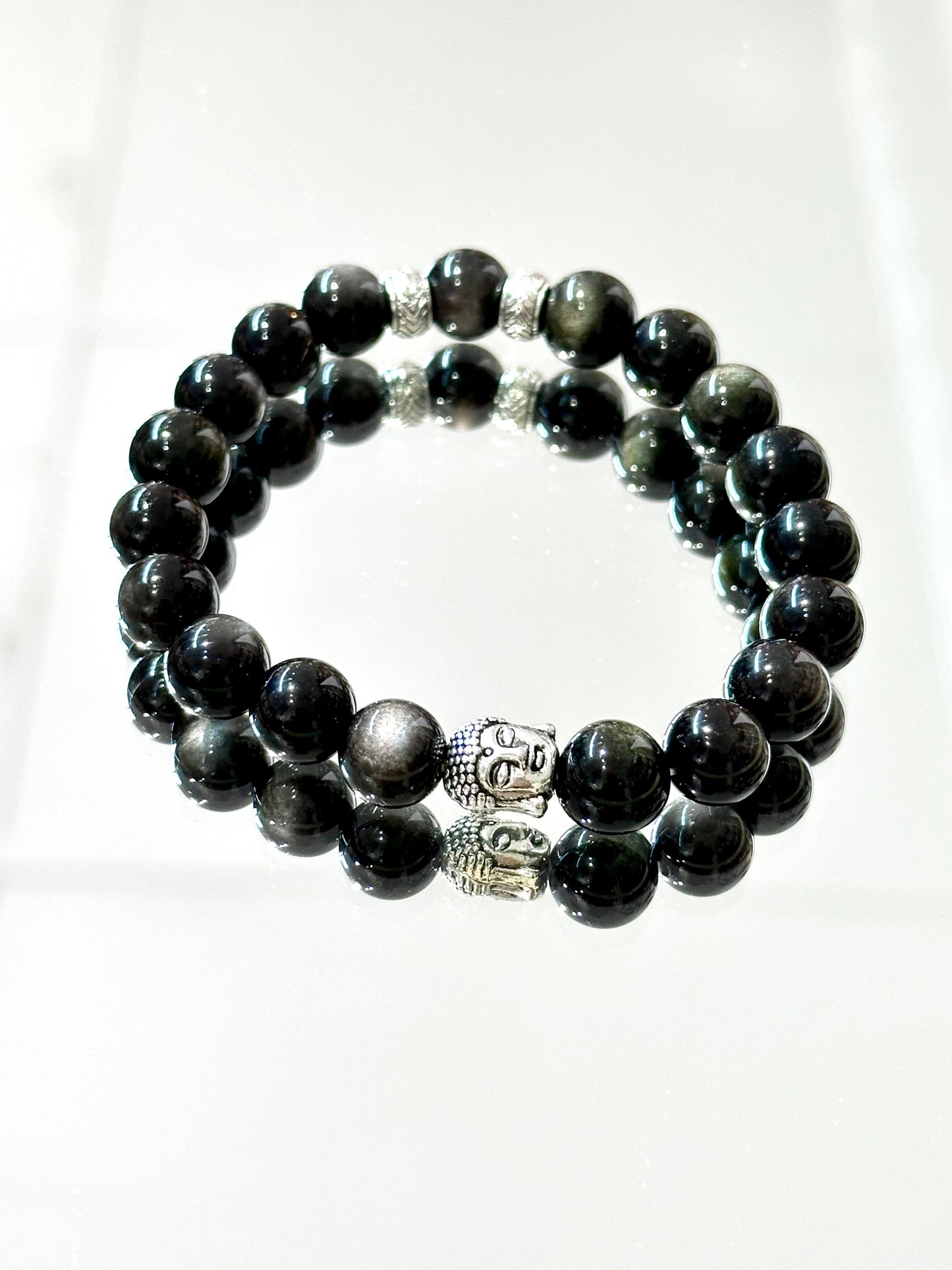 Black obsidian bracelet 9.8mm gold & silver