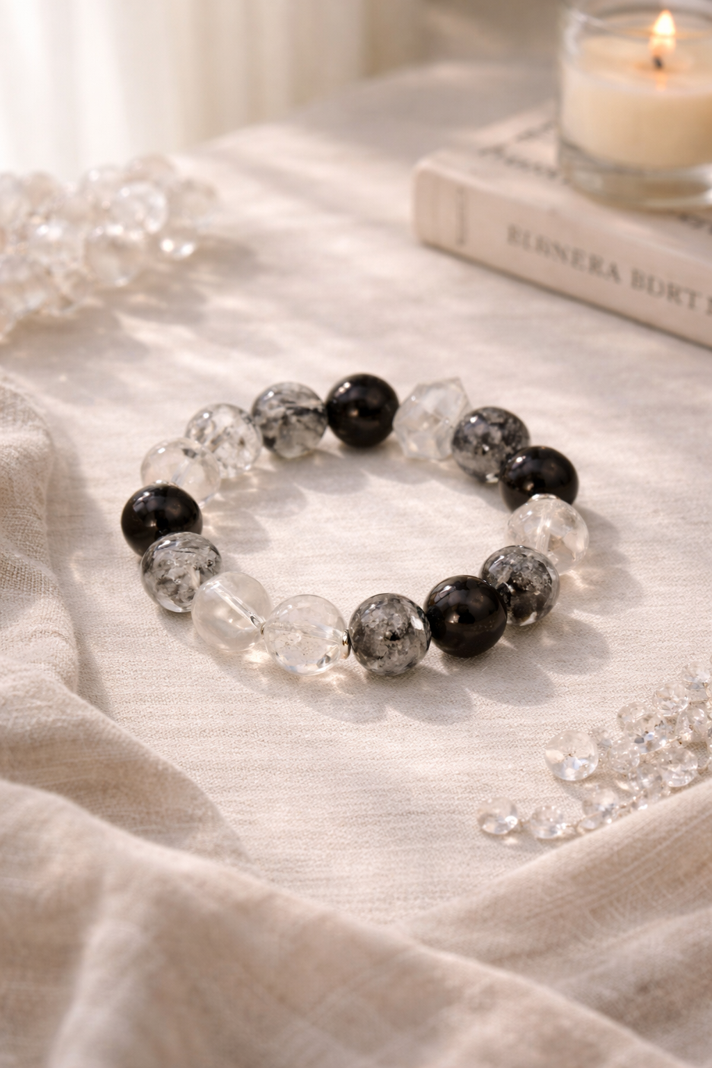 Monochrome Crystal Bracelet, Silver Obsidian, Clear Quartz, Herkimer Diamond, Zen Style