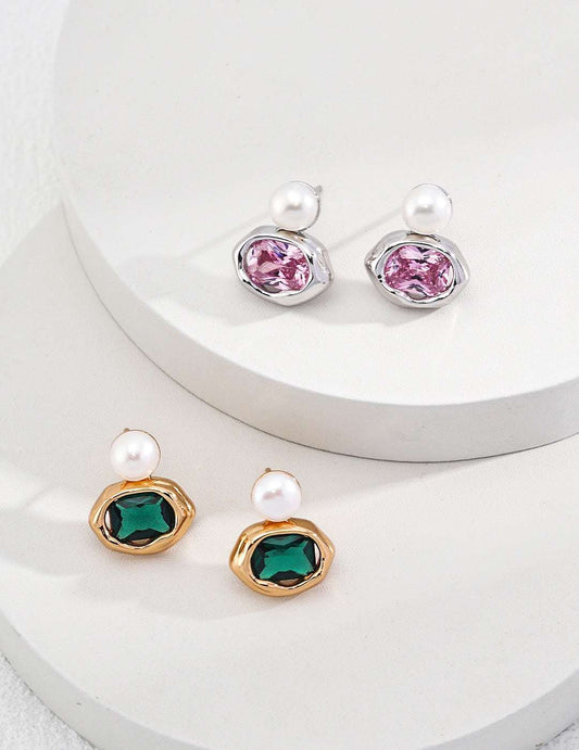 Kaleido Collection｜S925 Silver Pearl Earrings with Colorful Zircon Accents - TAMO Jewellery