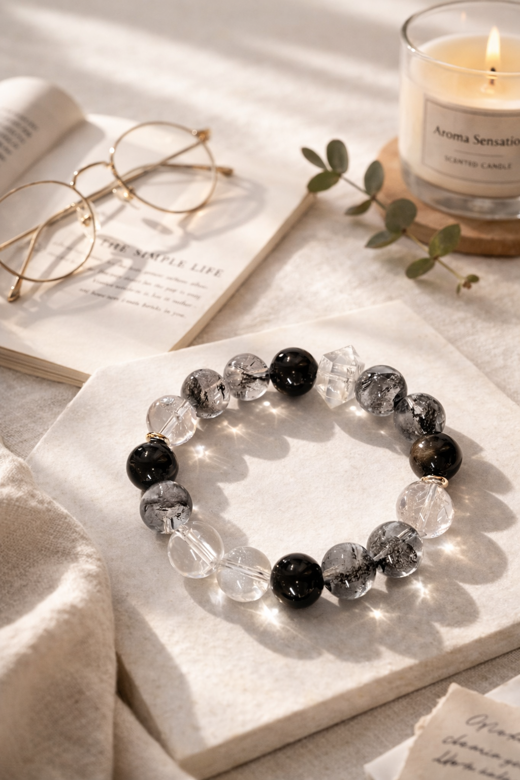 Monochrome Crystal Bracelet, Silver Obsidian, Clear Quartz, Herkimer Diamond, Zen Style