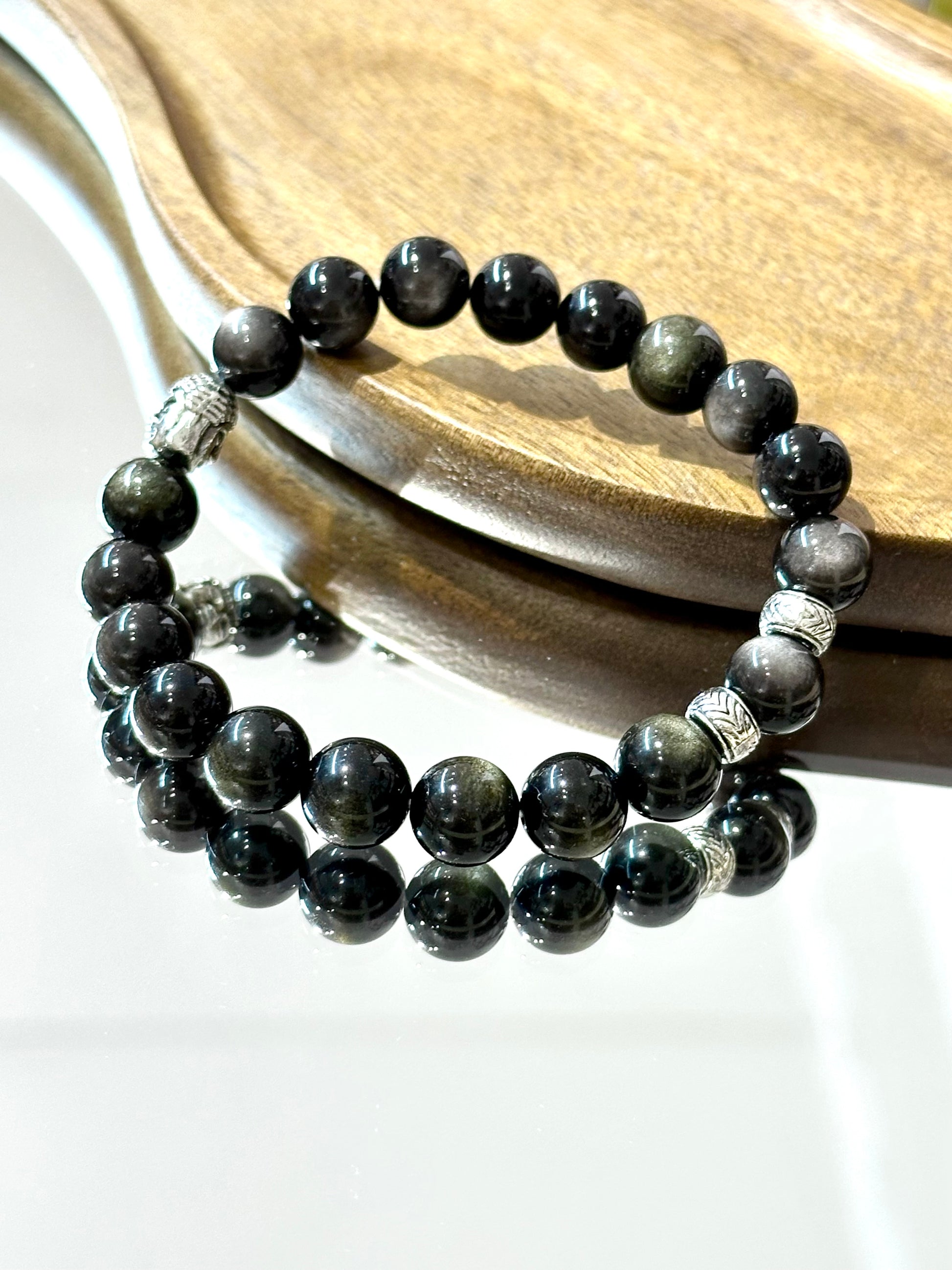 Gold & silver sheen obsidian beads close-up detail 9.8mm
