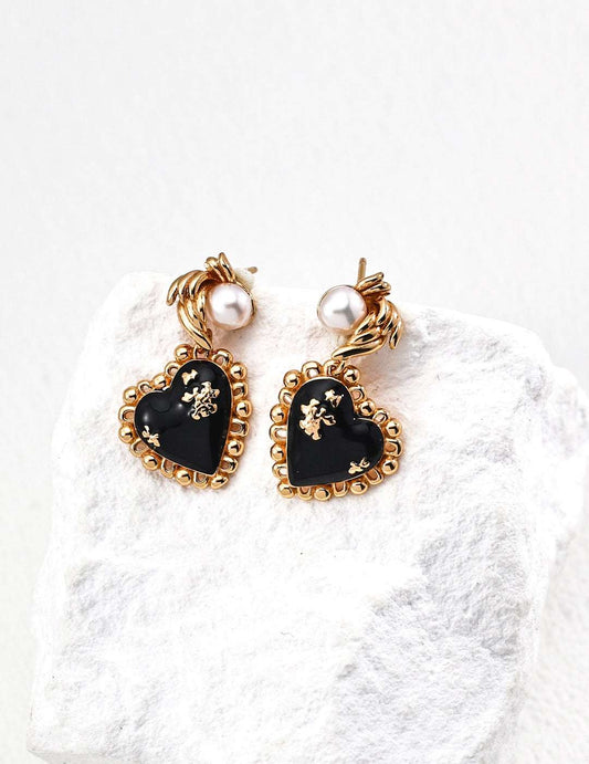 Eternal Contrast｜S925 Silver Heart Black Onyx & Pearl Earrings - TAMO Jewellery