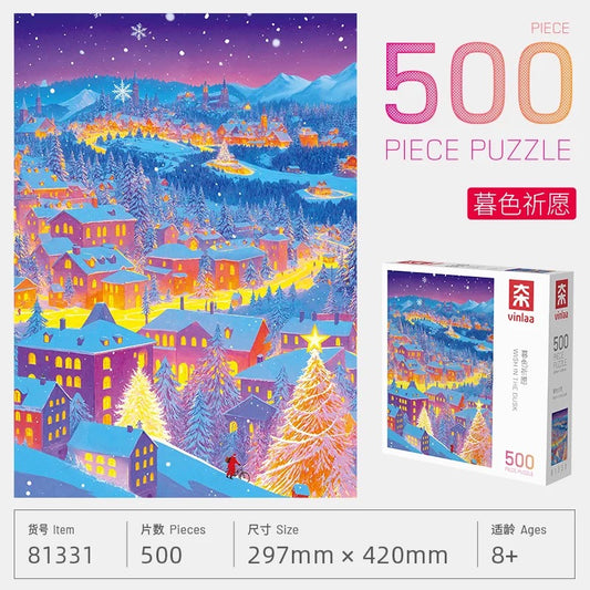 “Wish in the Dusk” 500 Piece Jigsaw Puzzle for Adults – Magical Winter Village Night Scene | Christmas Snow Town Illustration | Holiday Gift