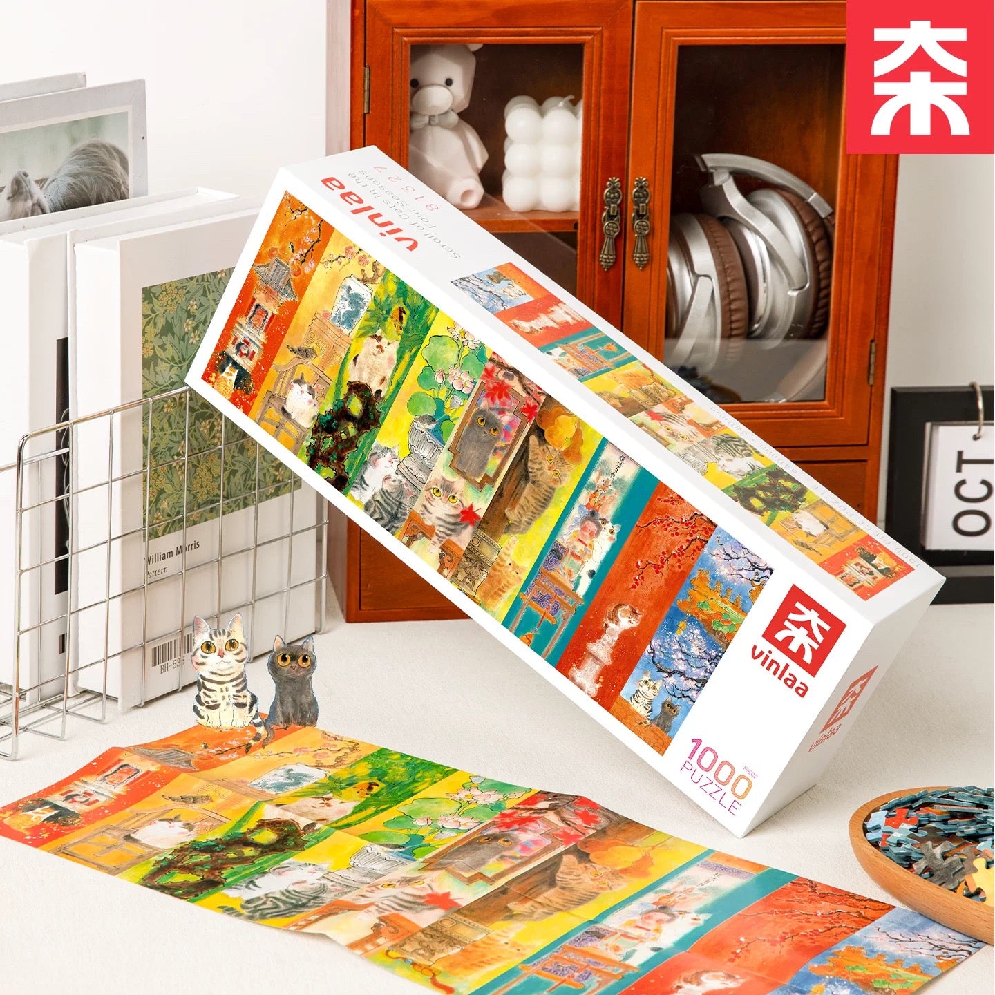 “Scroll of Cats in the Four Seasons” 1000 Piece Jigsaw Puzzle – Chinese Classical Ink Art | Panoramic Cat Scroll Painting | Gift for Cat & Art Lovers