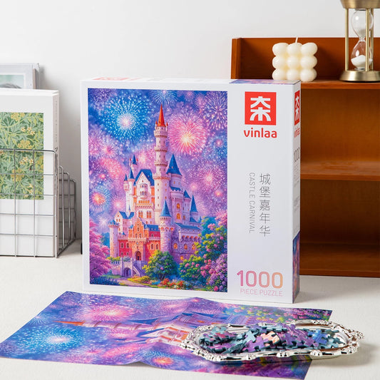 “Castle Carnival” 1000 Piece Jigsaw Puzzle for Adults – Magical Fairytale Castle & Fireworks Night Scene | Fantasy Illustration Art | Birthday & Holiday Gift