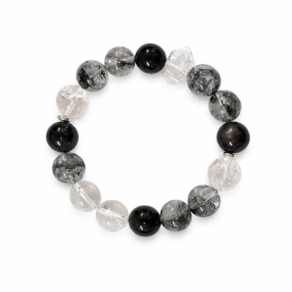 Monochrome Crystal Bracelet, Silver Obsidian, Clear Quartz, Herkimer Diamond, Zen Style