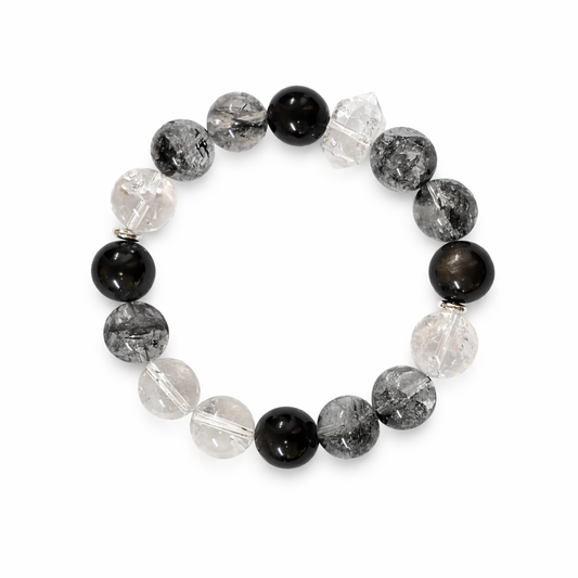 Monochrome Crystal Bracelet, Silver Obsidian, Clear Quartz, Herkimer Diamond, Zen Style