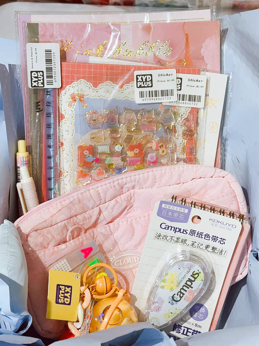 Kawaii Mystery Stationery box stickers pencil cases sticky notes Notebooks pens key chain Korean Japan surprise stationery