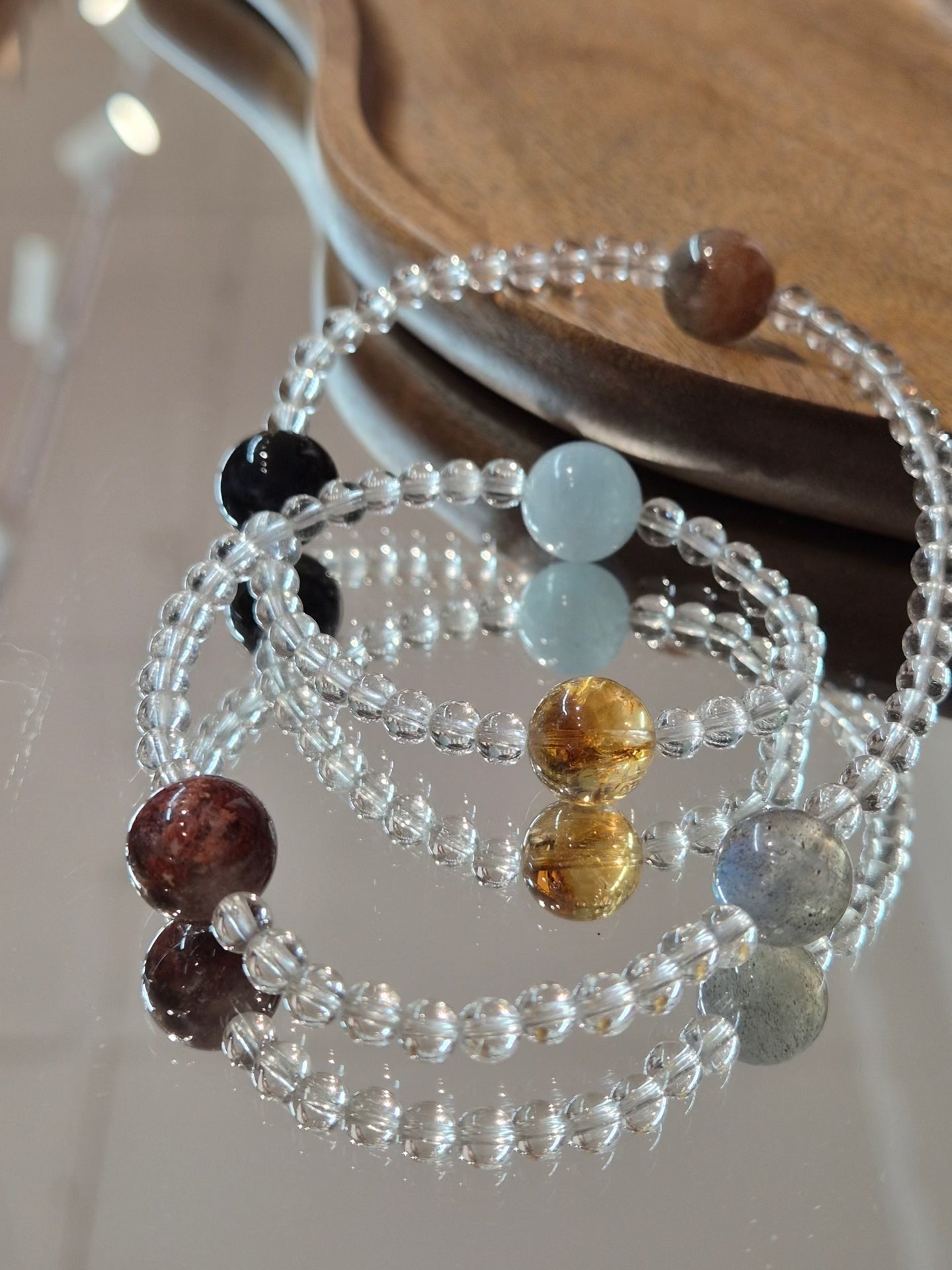 Planet Natural Crystal Bracelet – Clear Quartz, Four Season Phantom, Pyramid Citrine, Aquamarine, Blue Moonstone & Blue Tiger Eye gift idea