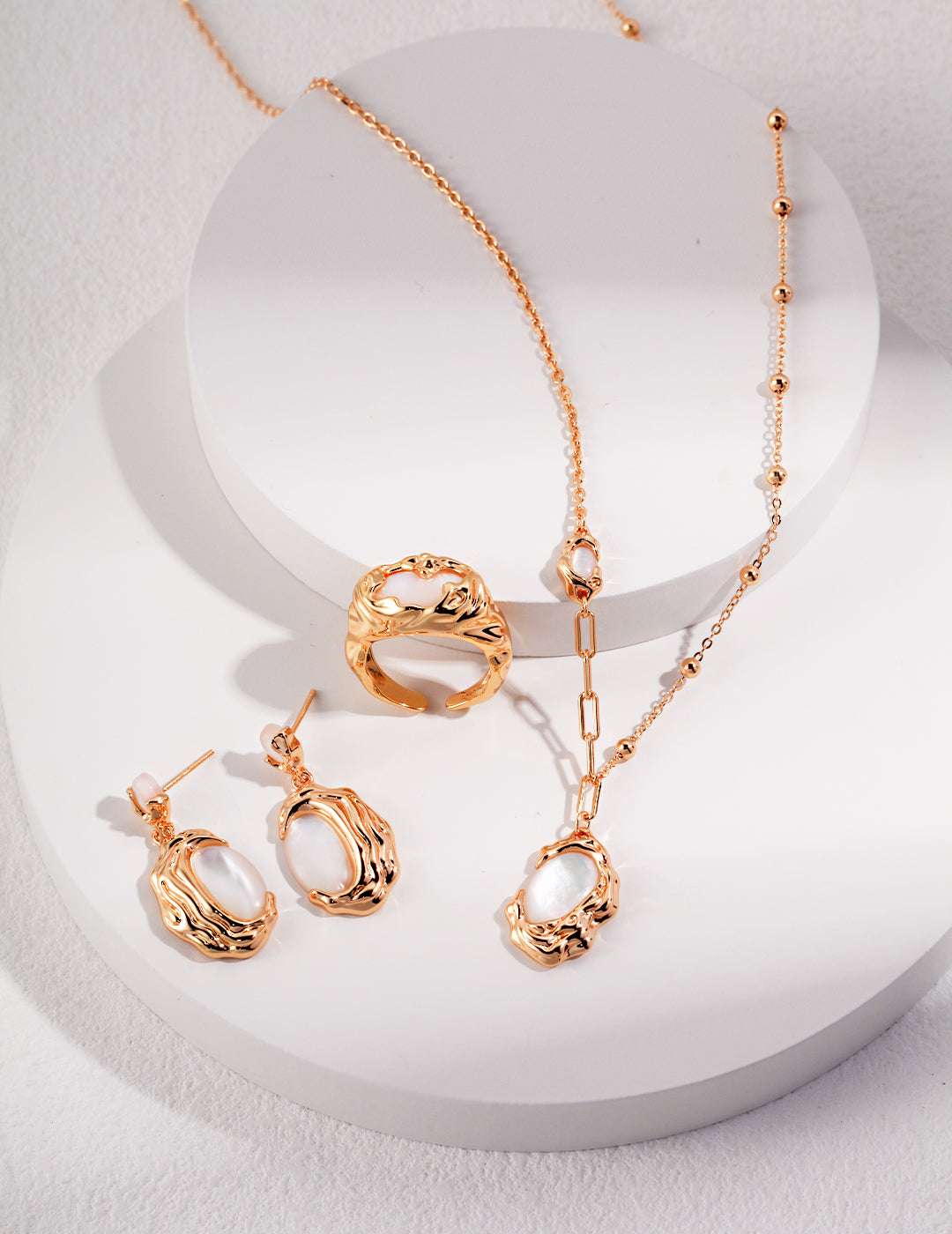 Molten Lava Mother of Pearl Gift Set – Necklace & Earrings (Ring Optional), 925 Sterling Silver, 18K White Gold / 18K Retro Gold