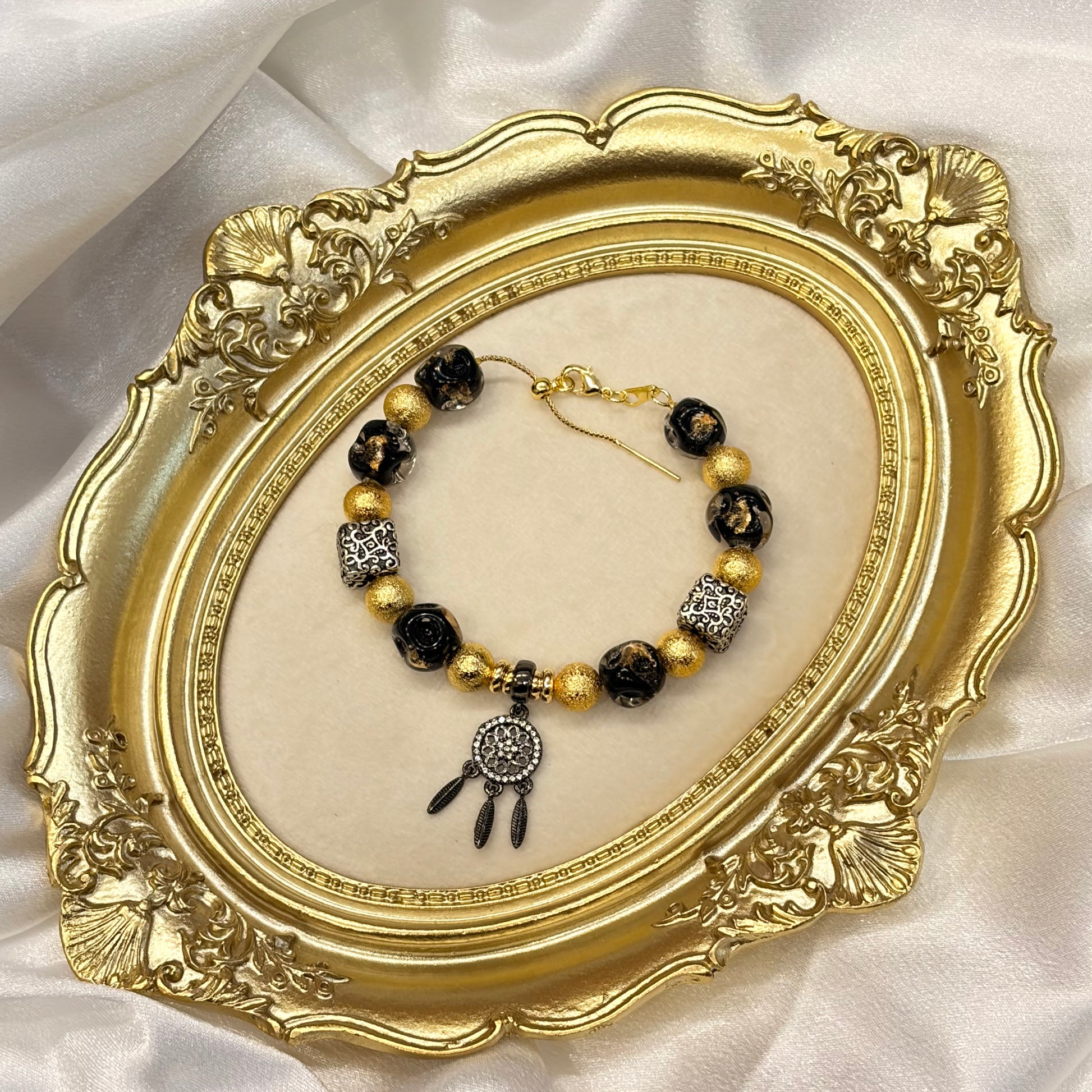 Handmade black gold dream catcher bracelet — boho witchy jewellery gift for her