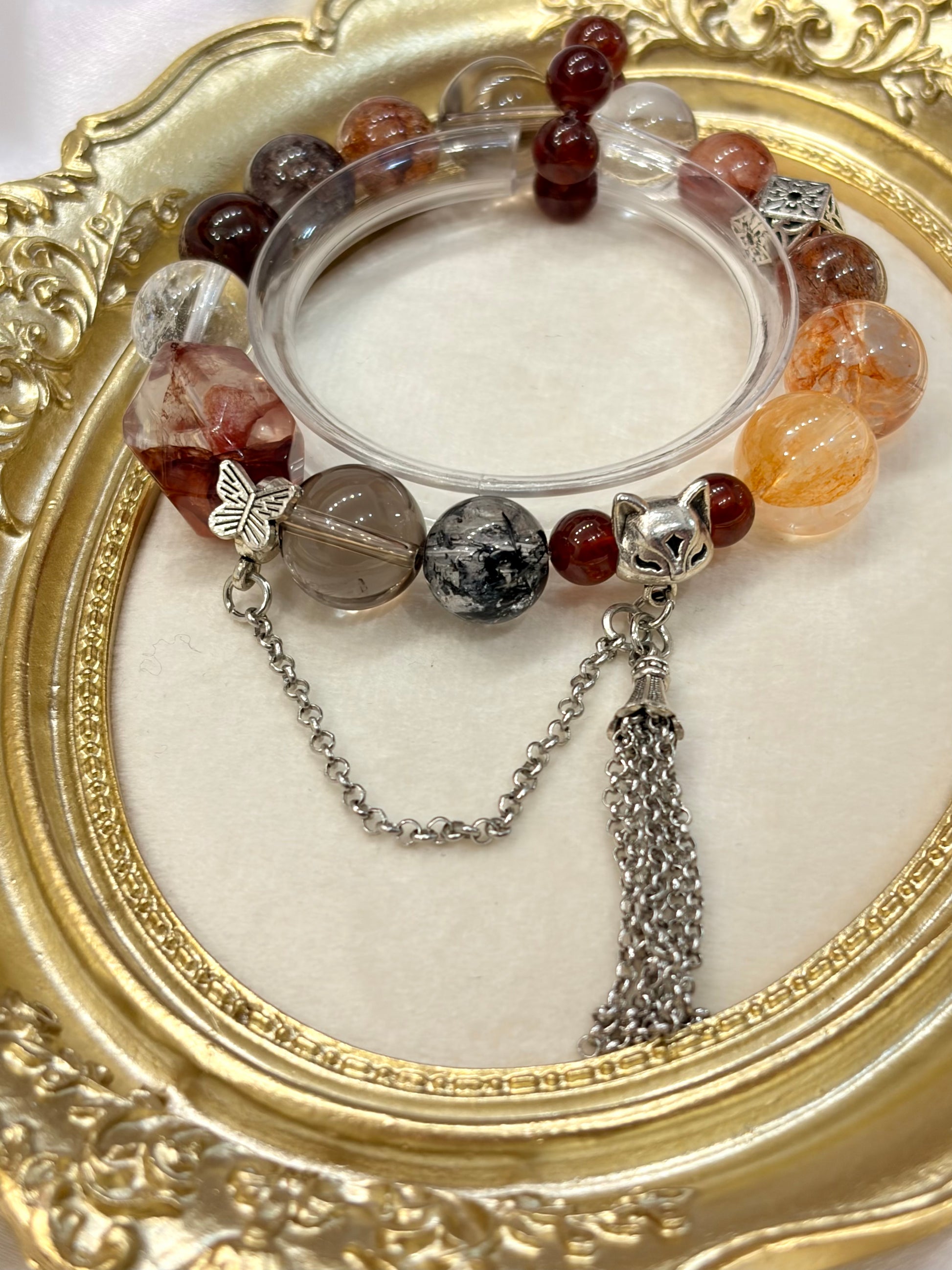 Multi crystal healing bracelet with fox tassel charm — earthy witchy boho jewellery Australia New Zealand