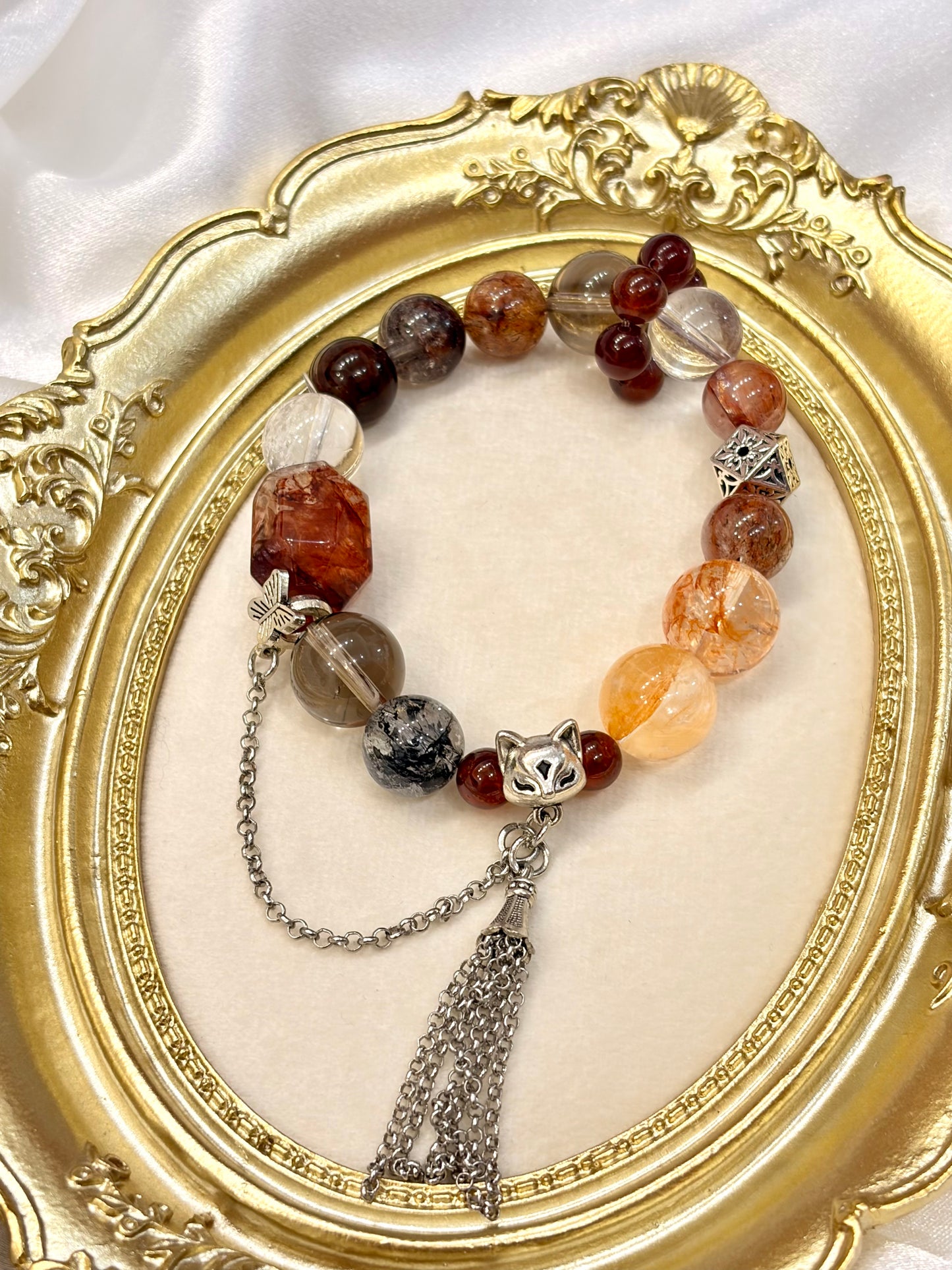 Eight crystal healing bracelet with silver fox tassel drop — spiritual boho jewellery gift