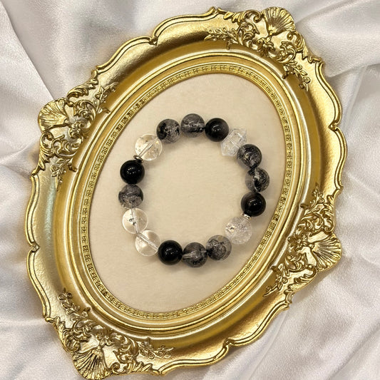 Monochrome Crystal Bracelet, Silver Obsidian, Clear Quartz, Herkimer Diamond, Zen Style
