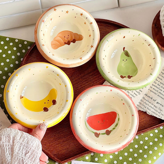 Set of 4 Kawaii Ceramic Dipping Dish | Cute Fruit Character Sauce Bowls | Underglaze Tableware