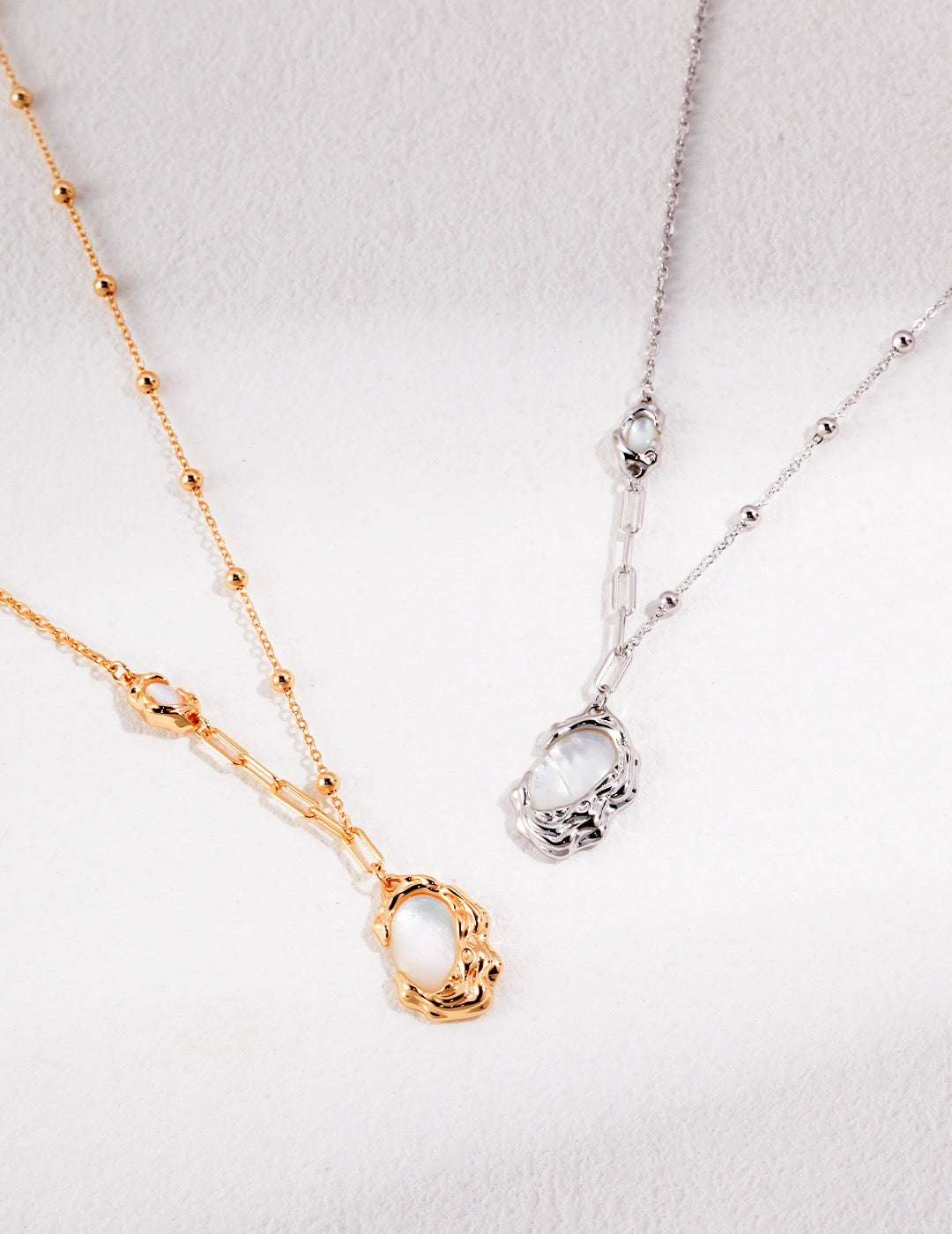 Molten Lava Mother of Pearl Gift Set – Necklace & Earrings (Ring Optional), 925 Sterling Silver, 18K White Gold / 18K Retro Gold