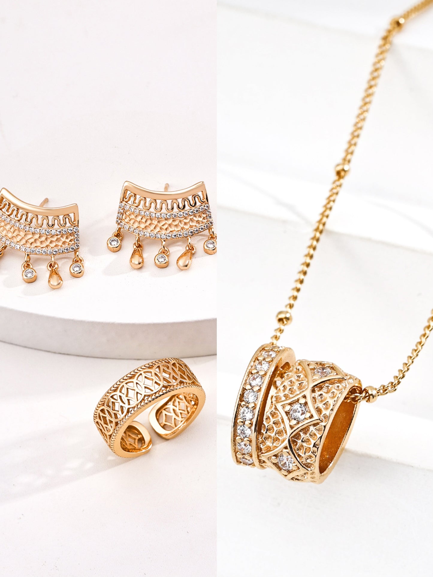 Vintage Zircon Jewellery Set – Necklace & Earrings, Optional Adjustable Ring | 925 Sterling Silver, 18K Retro Gold / White Gold