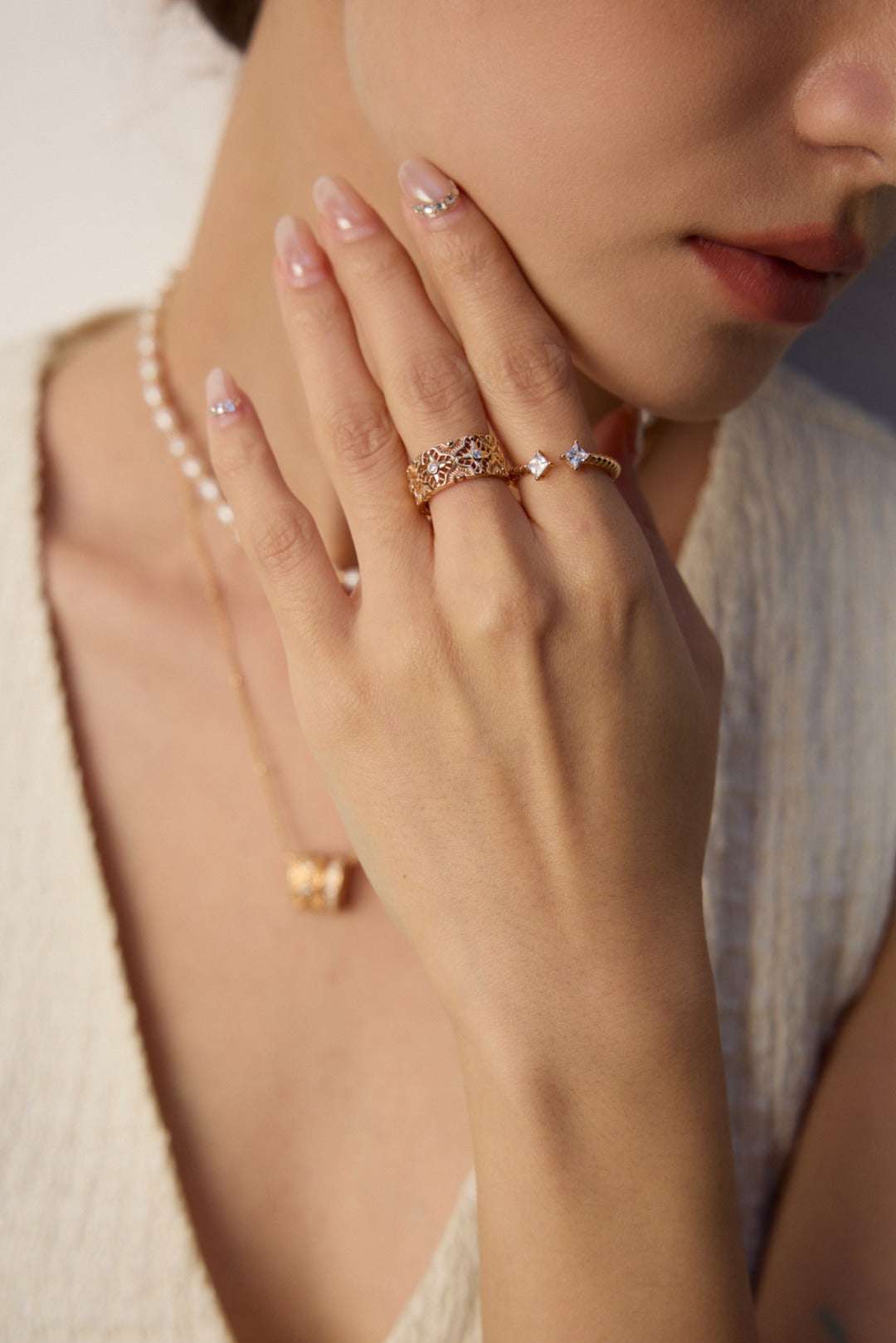 Vintage Zircon Jewellery Set – Necklace & Earrings, Optional Adjustable Ring | 925 Sterling Silver, 18K Retro Gold / White Gold