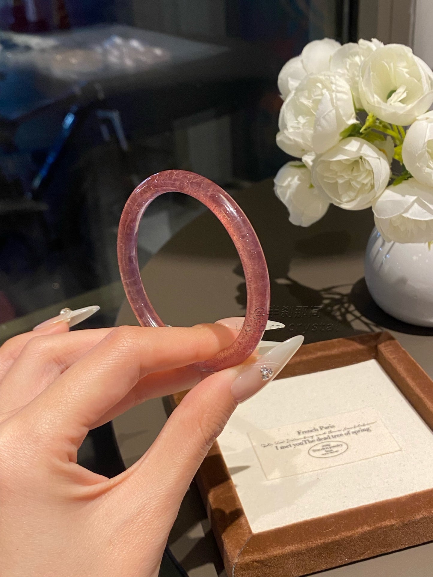 Strawberry Quartz Bangle | Natural Sparkling Pink Crystal Bracelet | Love Stone Gemstone Jewelry
