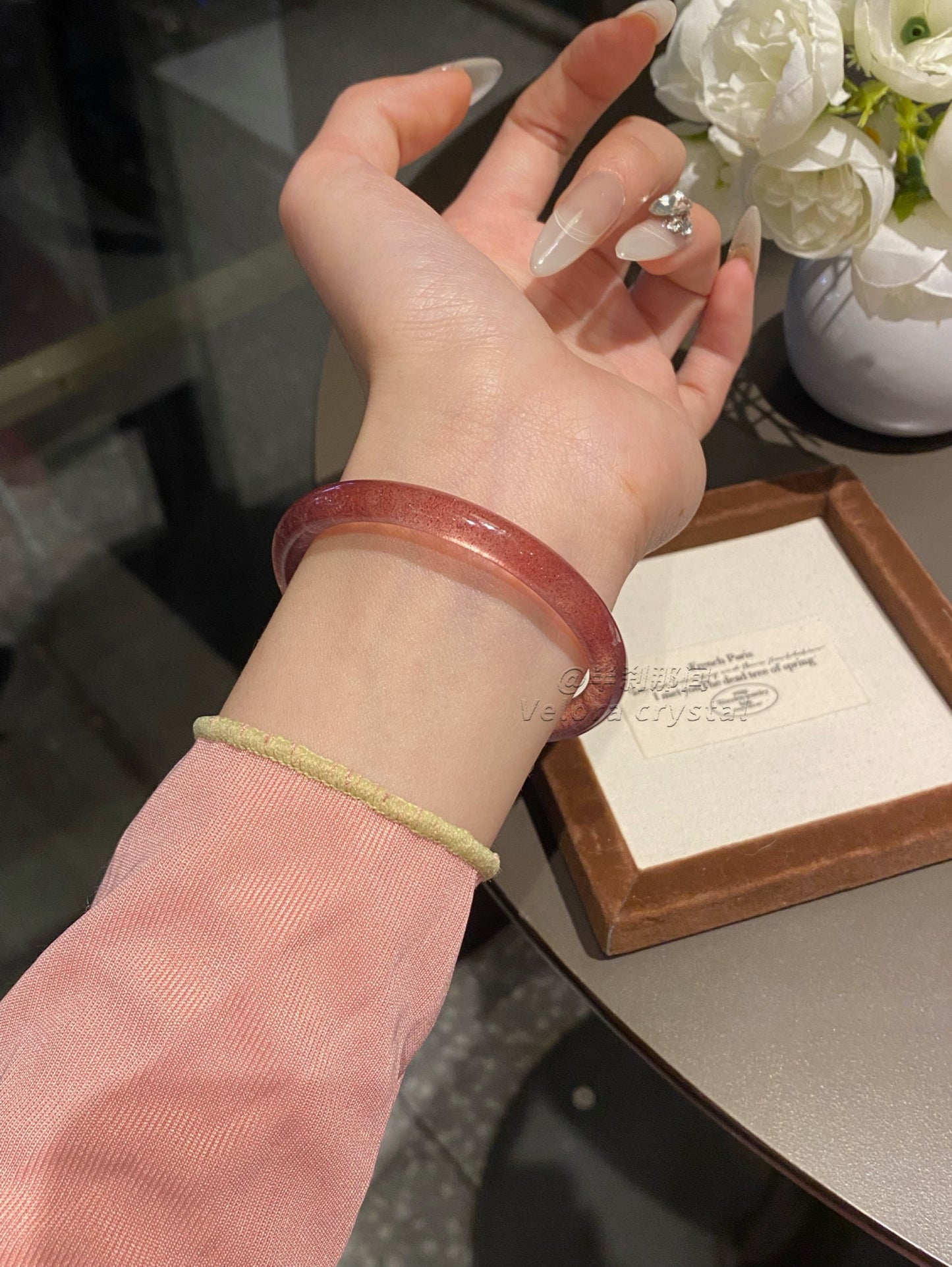 Strawberry Quartz Bangle | Natural Sparkling Pink Crystal Bracelet | Love Stone Gemstone Jewelry