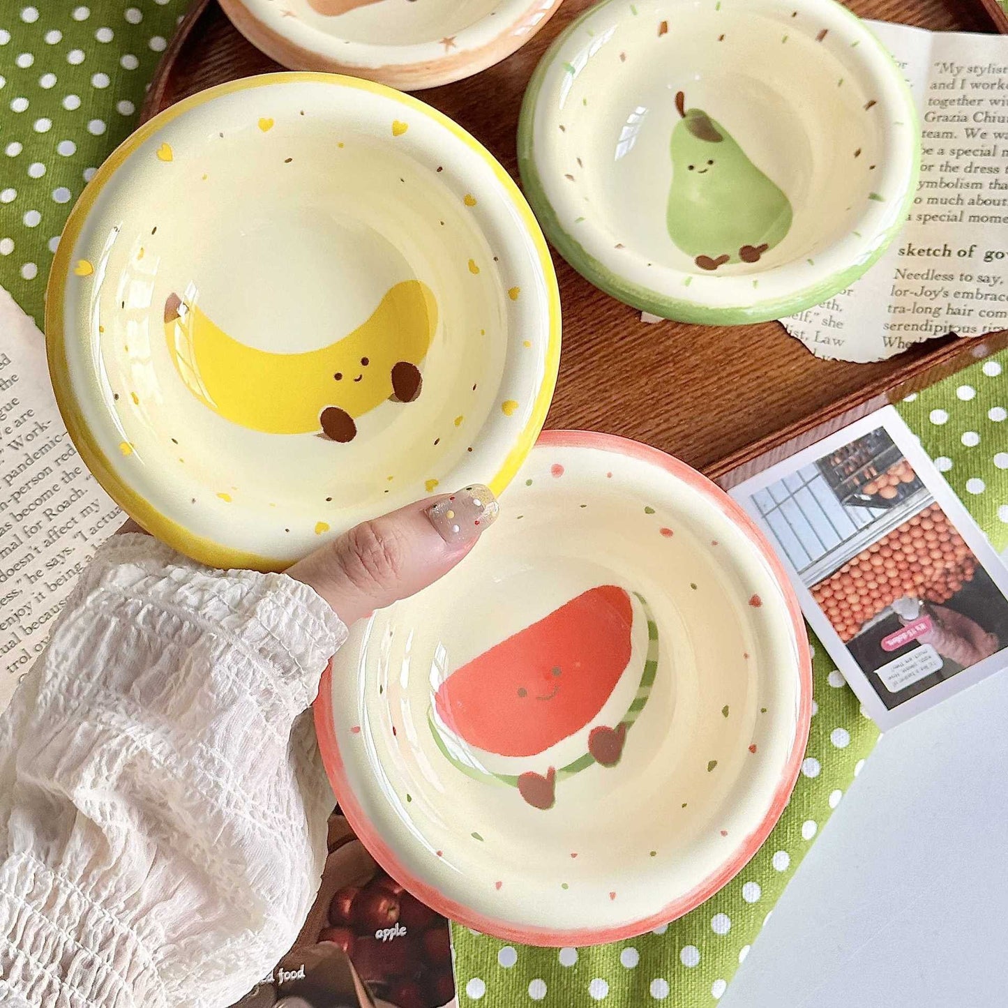 Set of 4 Kawaii Ceramic Dipping Dish | Cute Fruit Character Sauce Bowls | Underglaze Tableware — view 3 | handmade ceramic |…