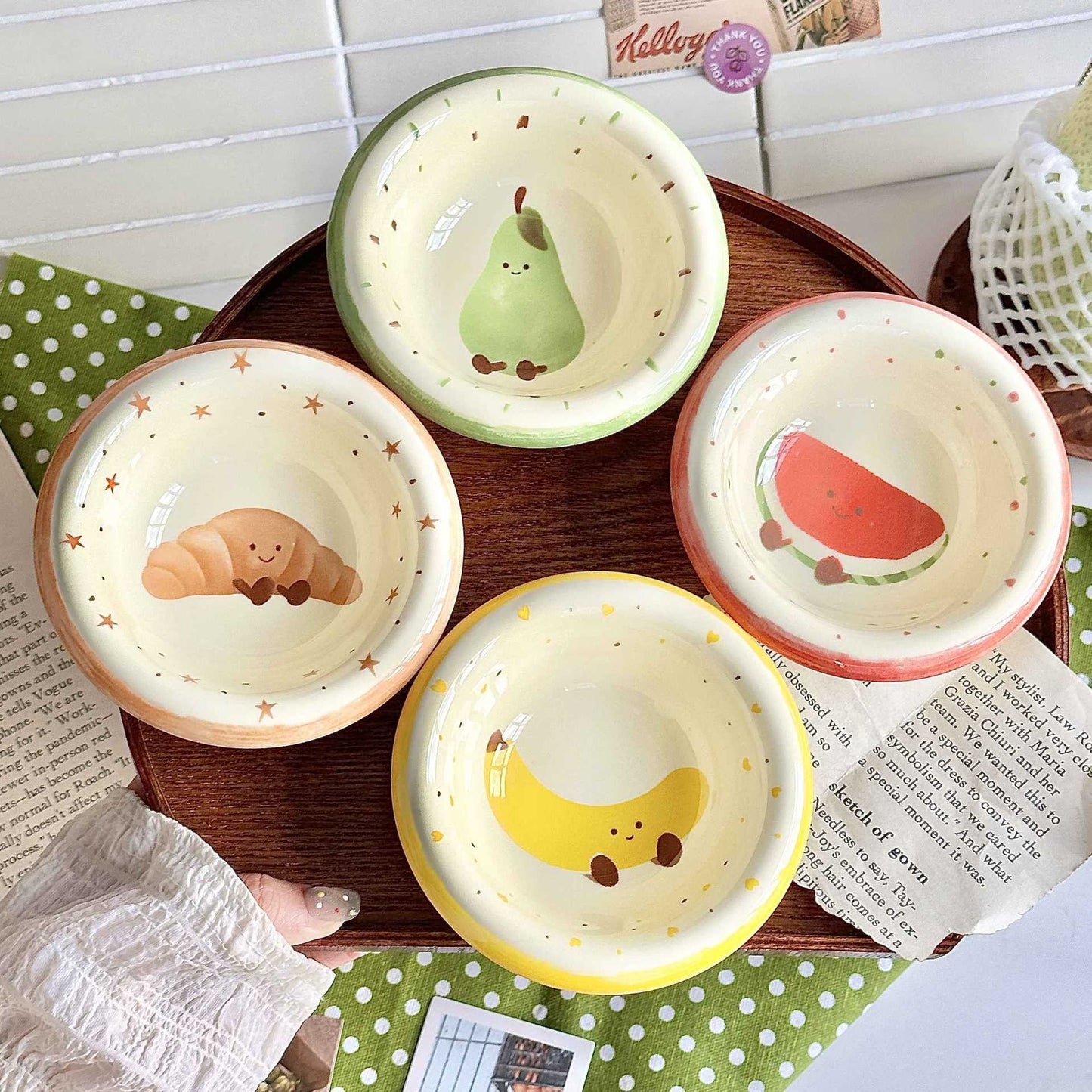Set of 4 Kawaii Ceramic Dipping Dish | Cute Fruit Character Sauce Bowls | Underglaze Tableware — view 4 | handmade ceramic |…