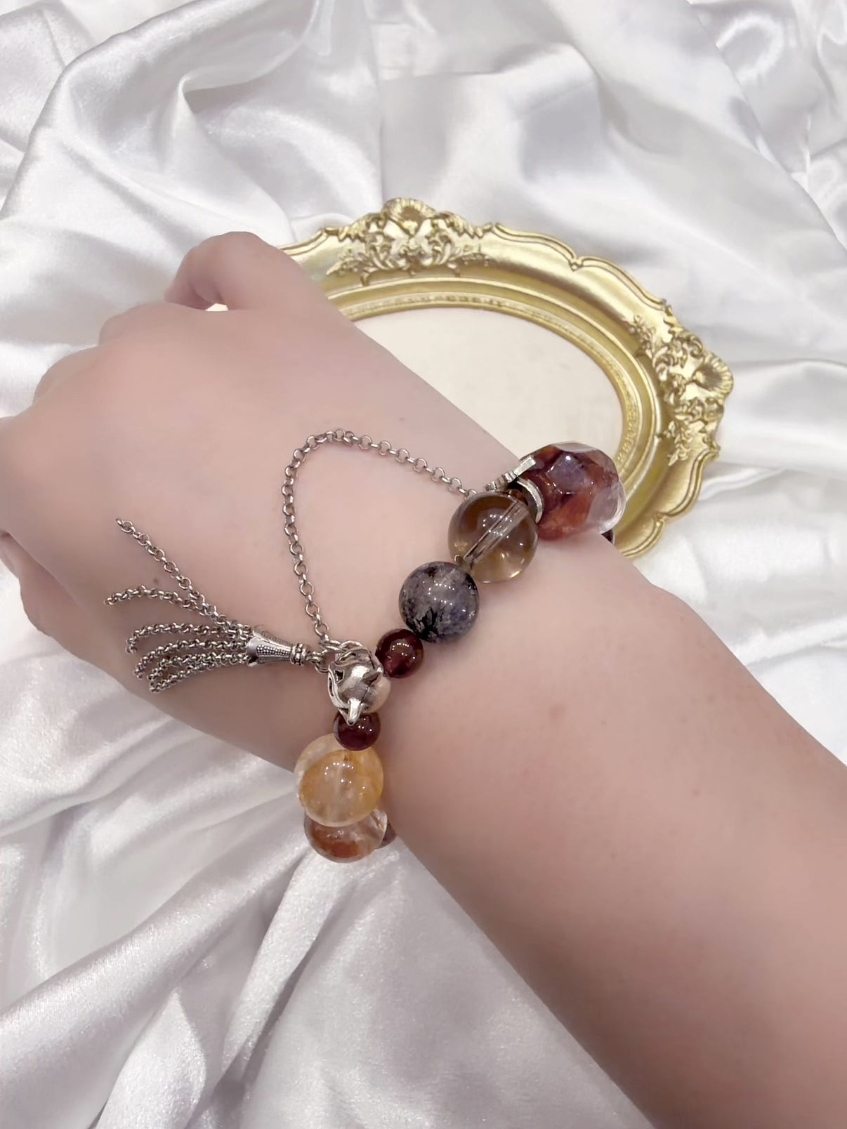 Multi crystal healing bracelet with fox tassel charm — earthy witchy boho jewellery Australia New Zealand